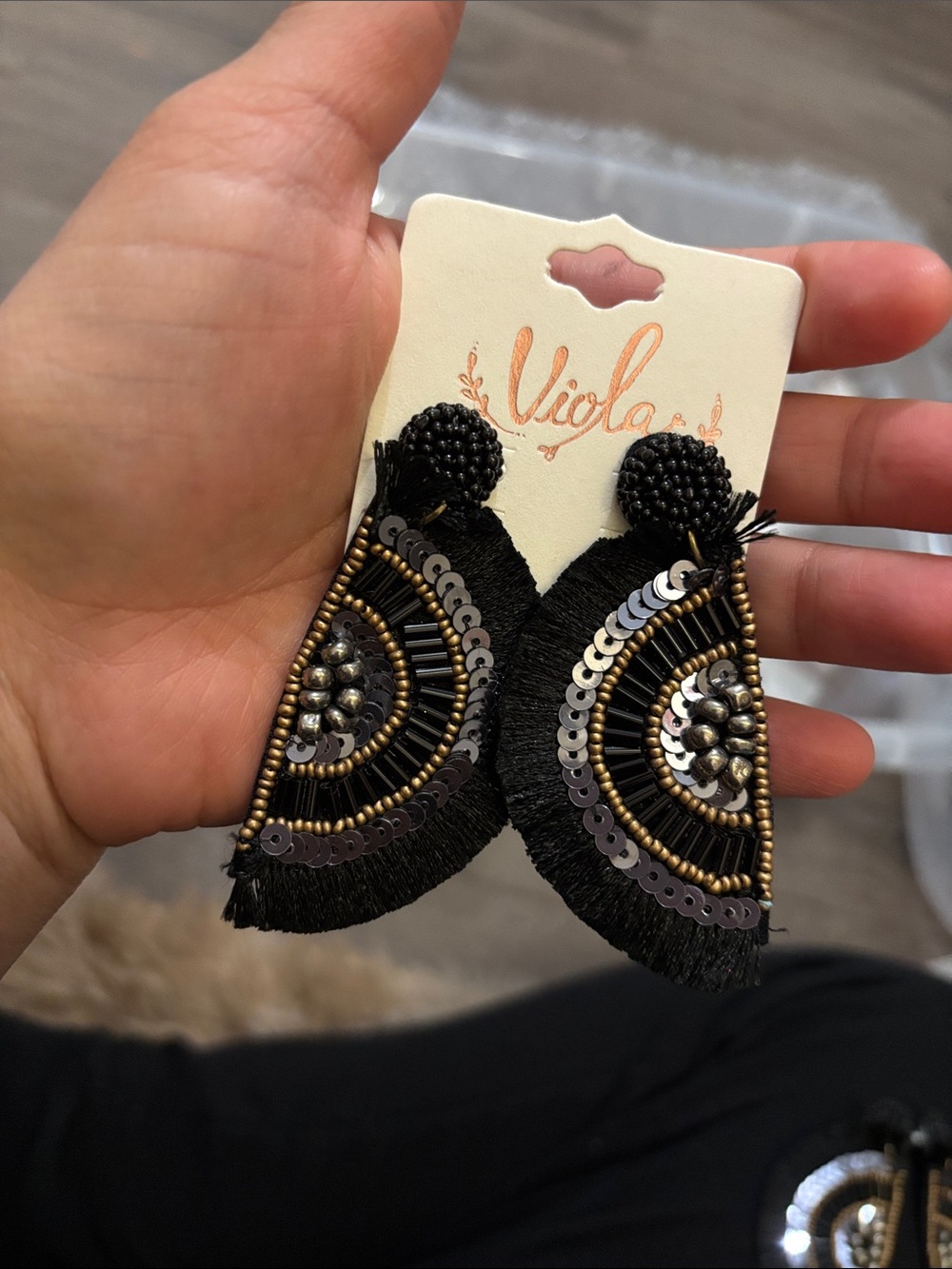 Black Beaded Fringe Statement Earrings